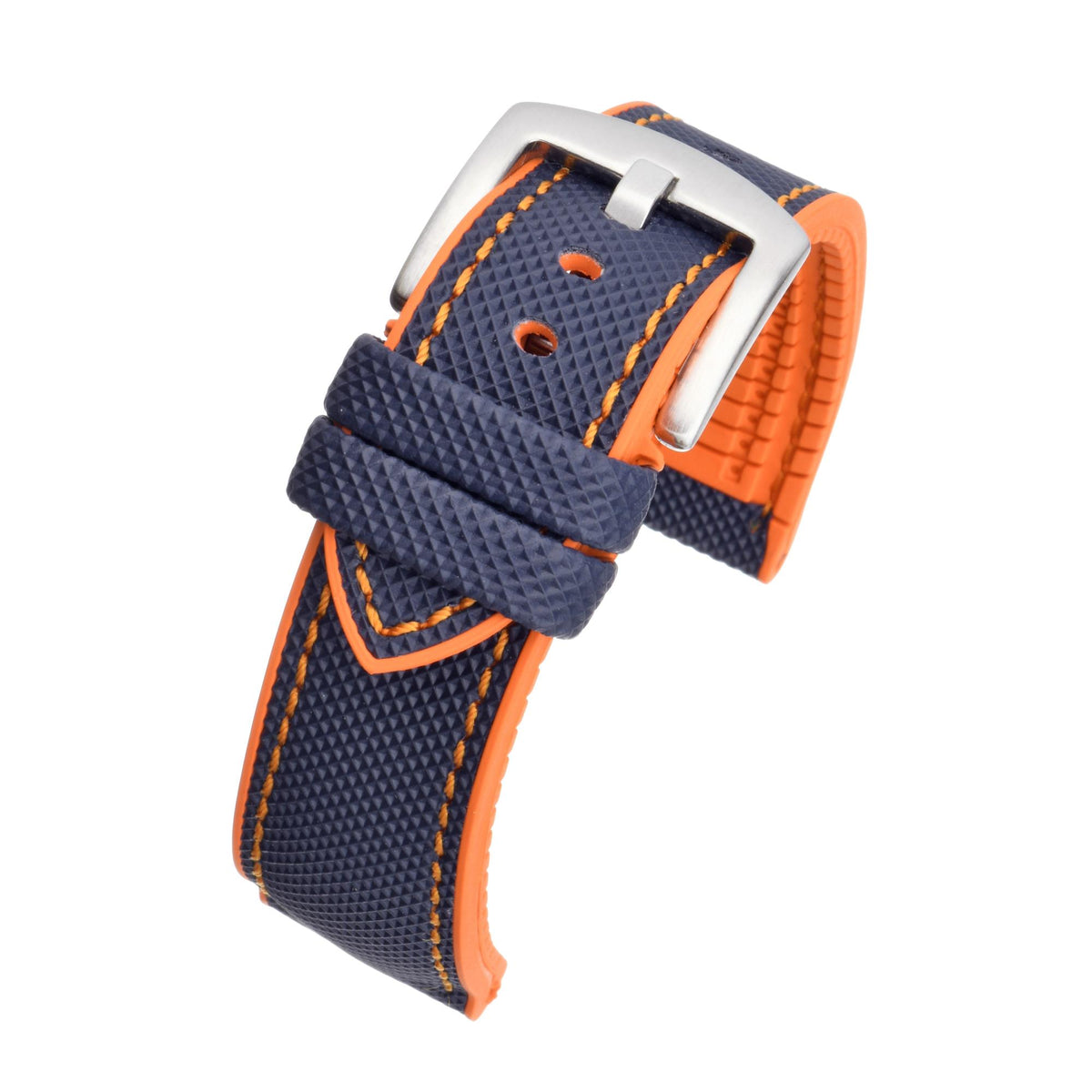 Navy and orange hybrid men’s watch strap with metal buckle and contrast stitching
