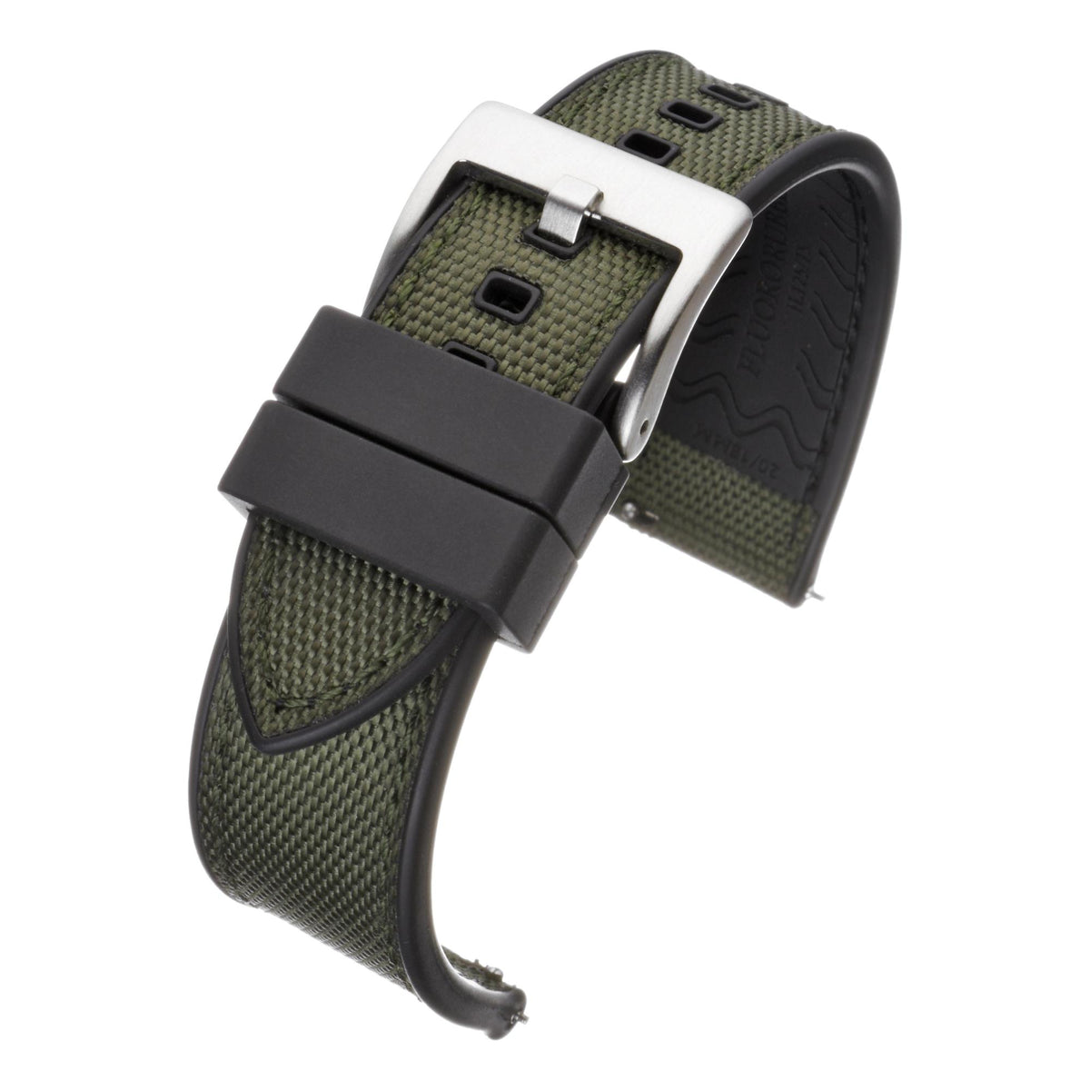Men's watch strap in light green sailcloth with black buckle and keeper, stitched edge