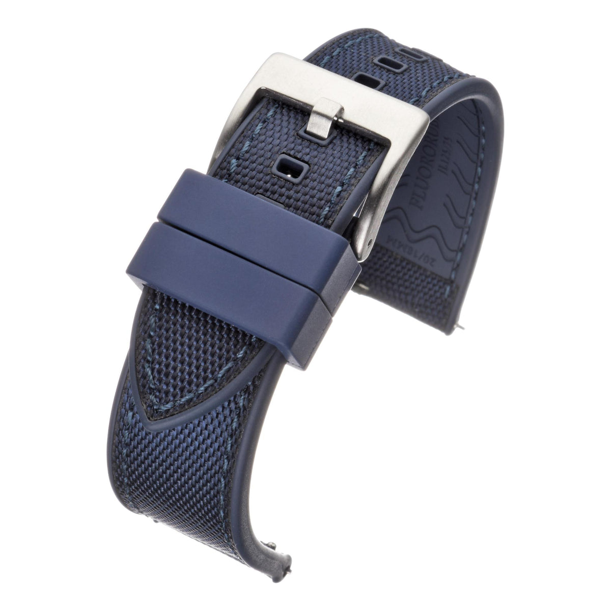 Navy sailcloth hybrid men’s watch strap with silver buckle and blue keeper strap