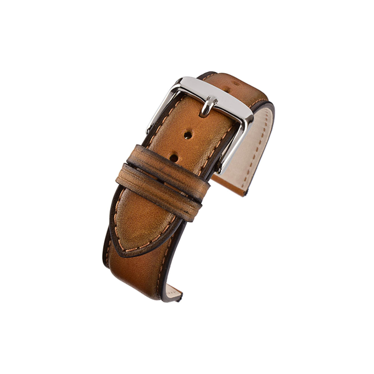Men's leather watch strap, tan with silver buckle and hand-finished stitching