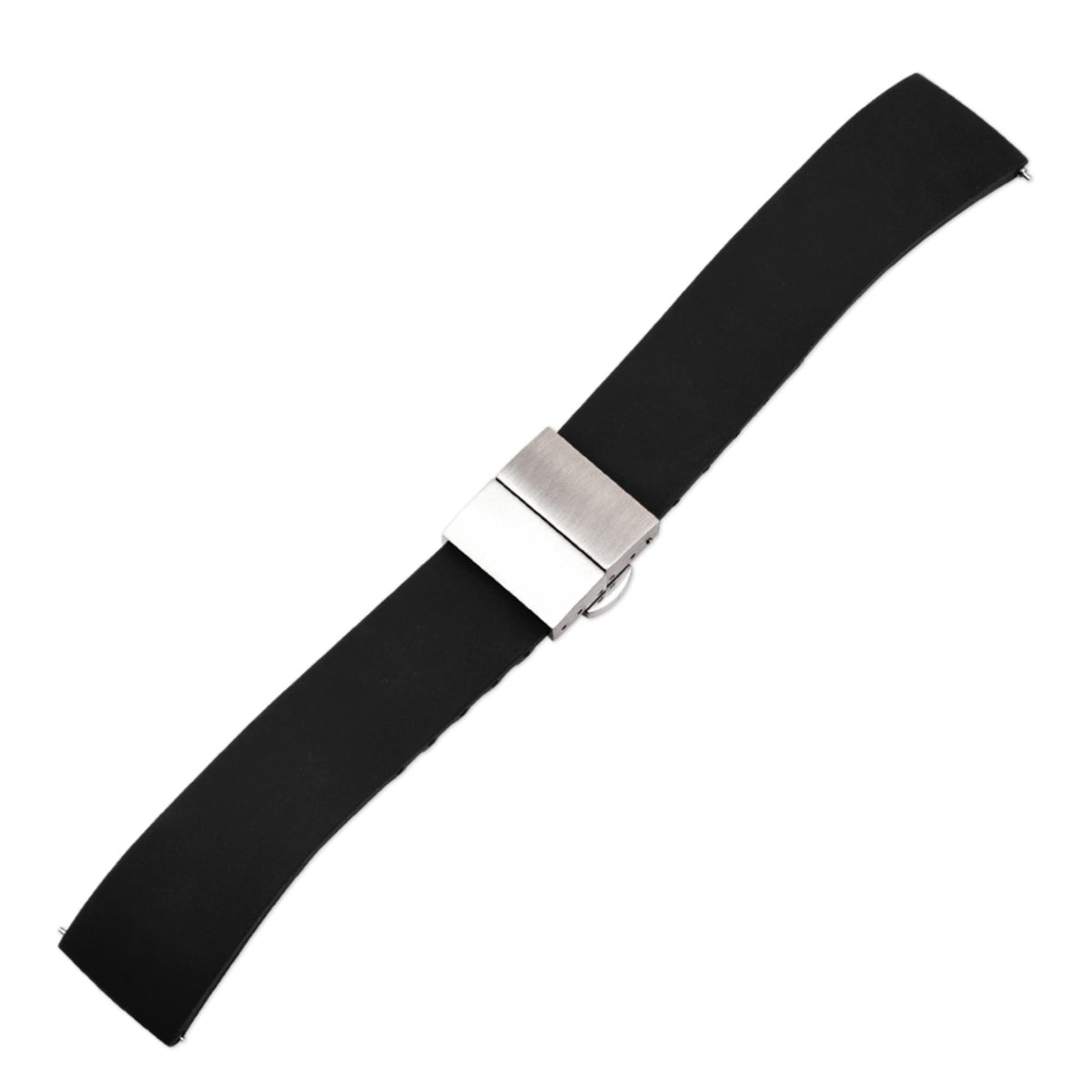 Black silicone watch strap with brushed metal pin buckle and keeper