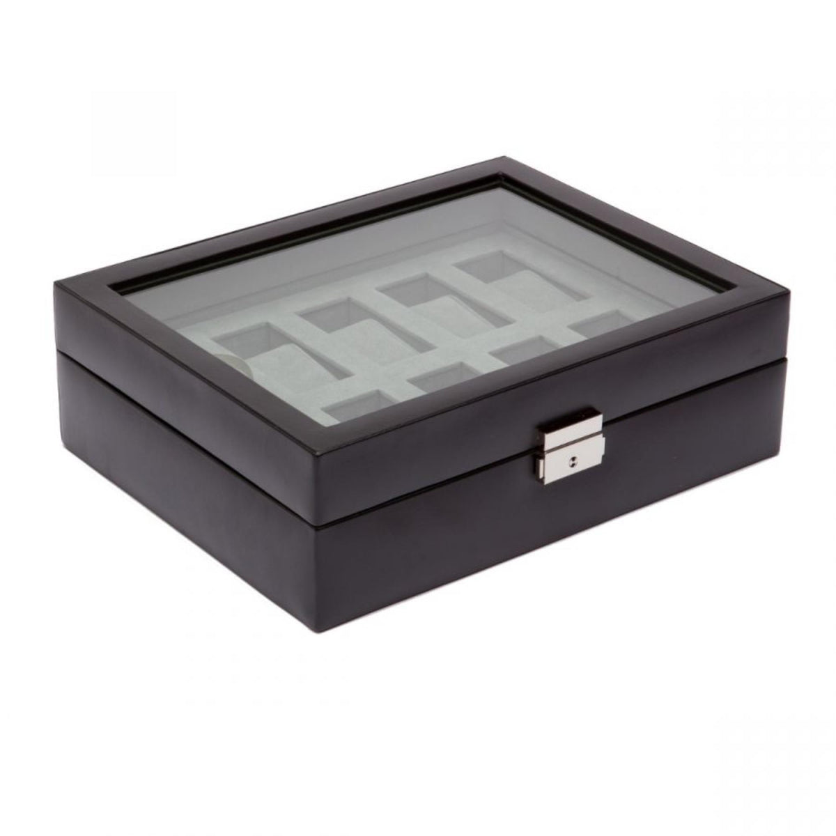 10-piece watch box with lid open, gray padded compartments for watches.