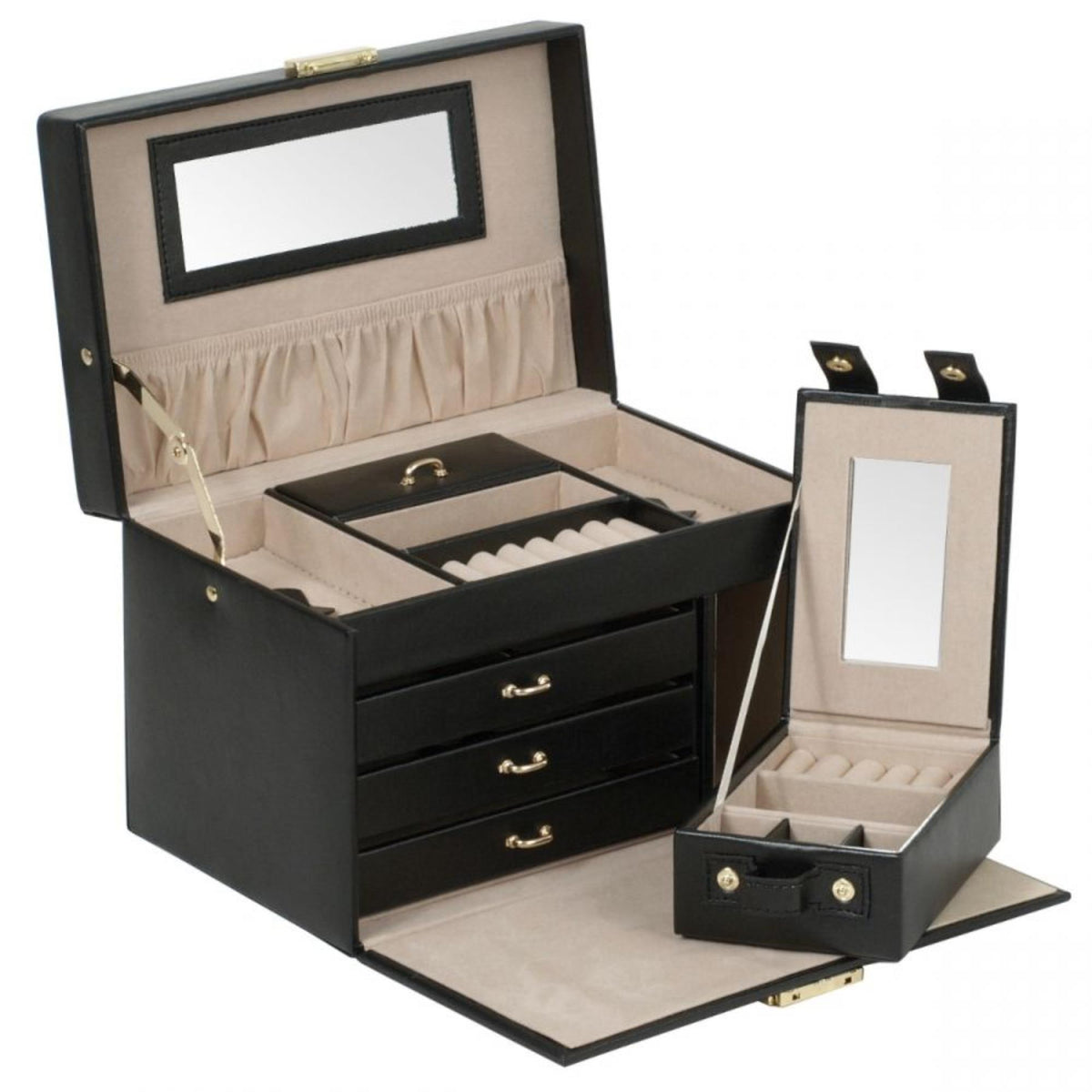 Opened black jewelry box with tray drawers and ring slots in beige lining