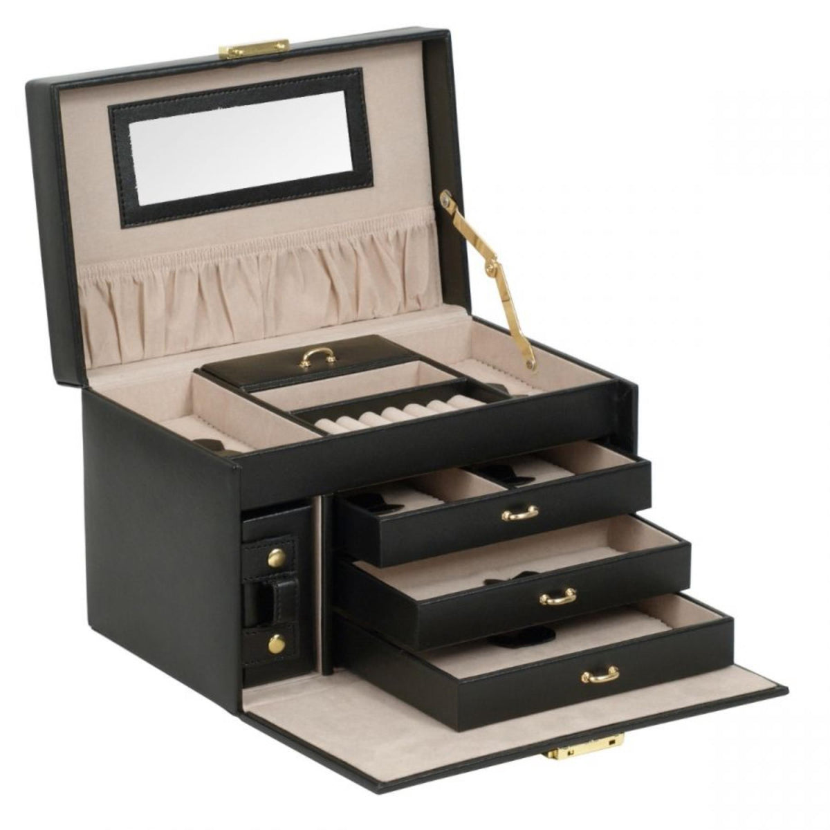 Open black jewelry box with tiered drawers, ring compartments, and beige interior