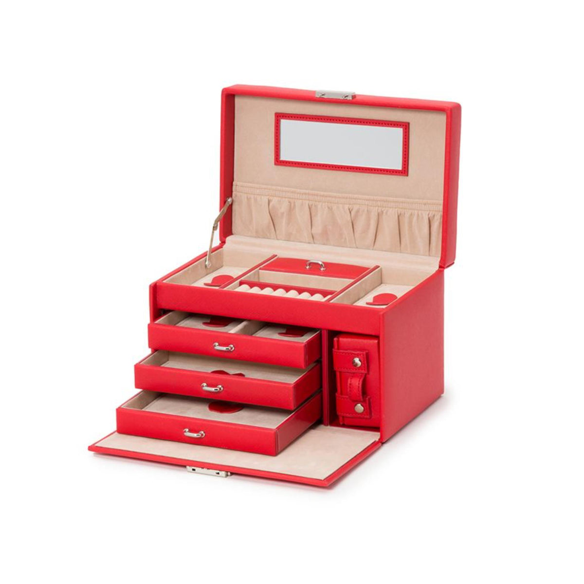 Small red leather jewelry box open with stacked drawers and side accessory section