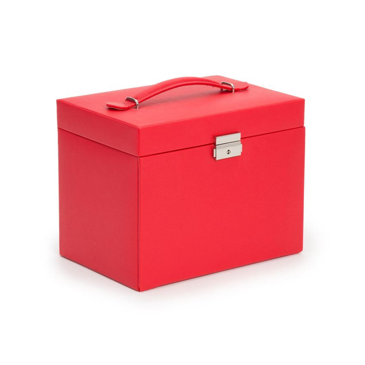 Red saffiano leather jewelry box with curved top handle and silver latch, side view