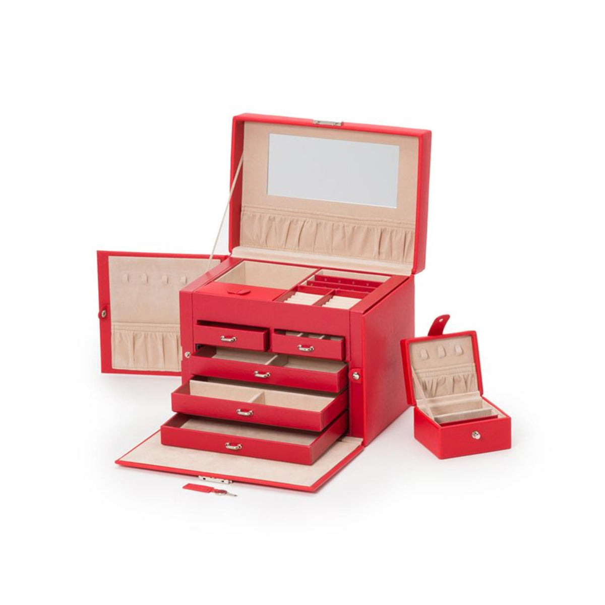 Red jewelry box open with padded compartments, drawer trays, and small matching ring box
