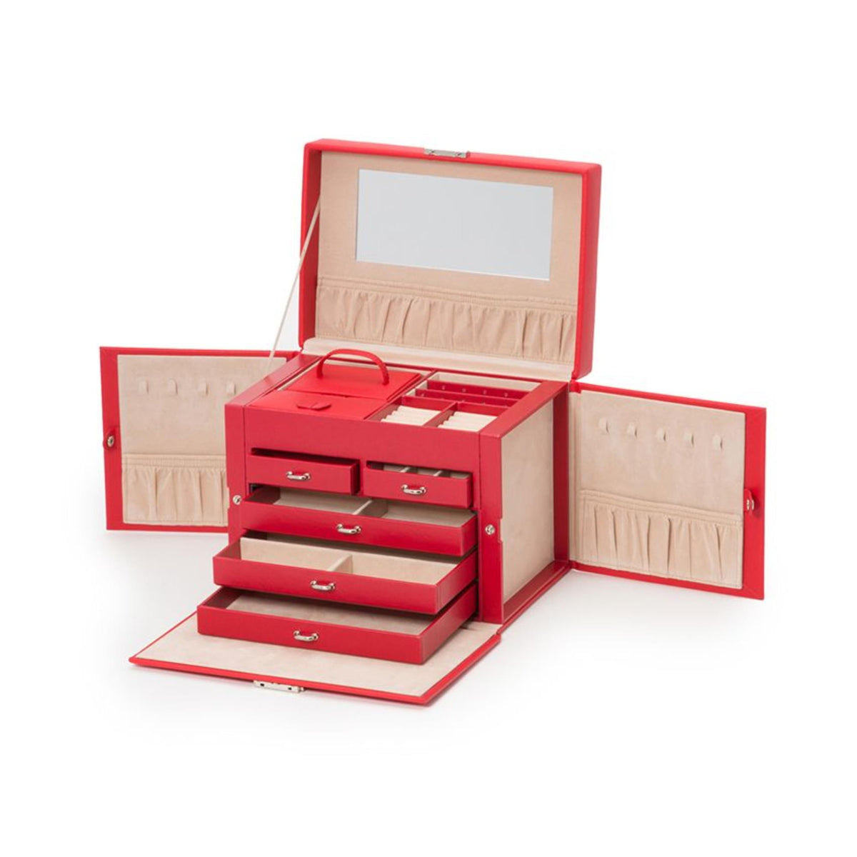Red jewelry box open, showing multi-drawer organizer and velvet-lined side panels