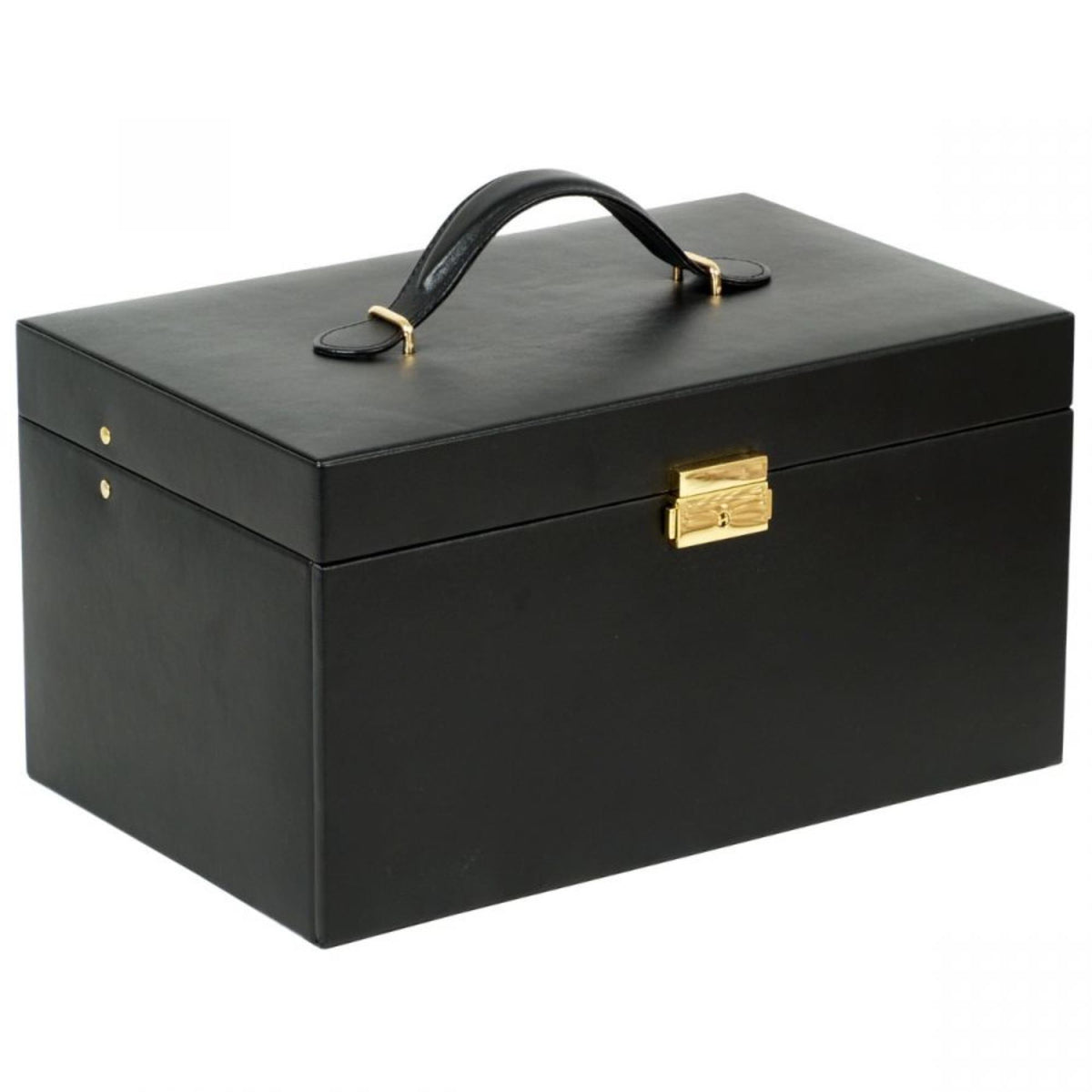 Large black leather jewelry box with hinged lid, top handle, and gold-tone lock