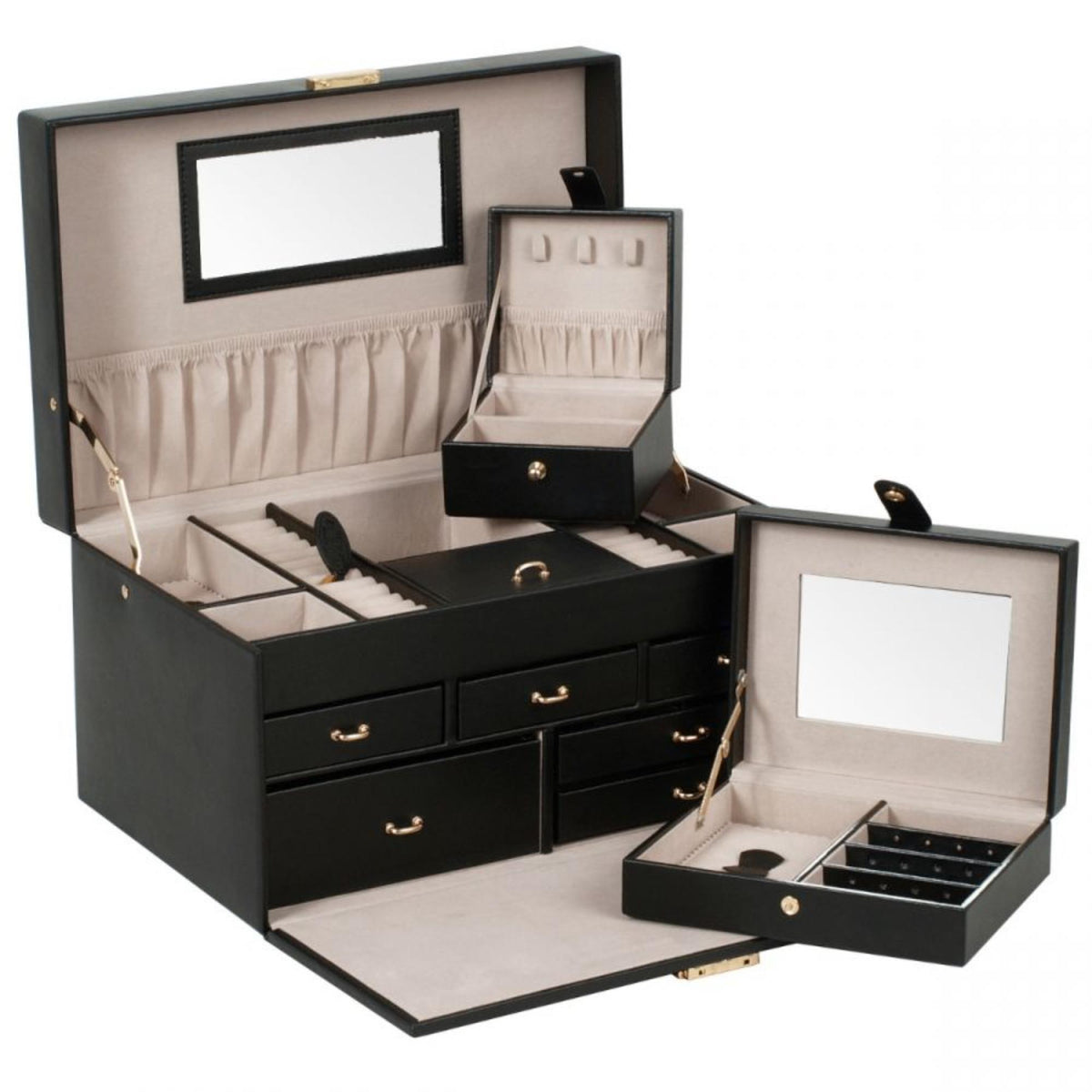 Large jewelry box open with beige interior drawers, ring holders, and smaller display box