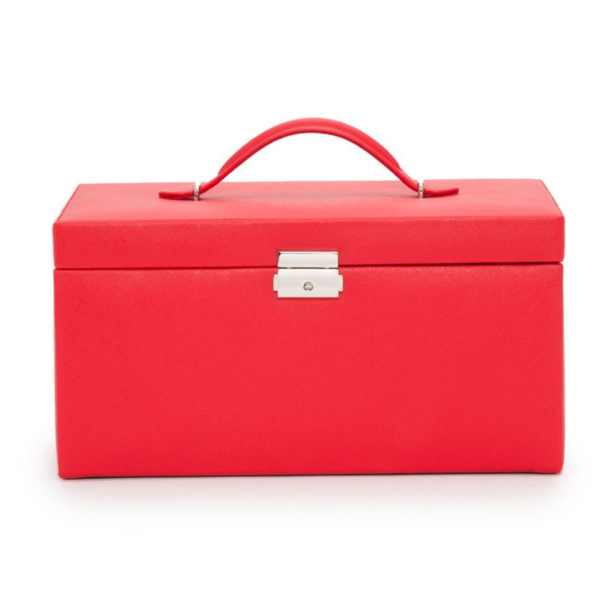 Red large jewelry box with top handle and rectangular clasp lock