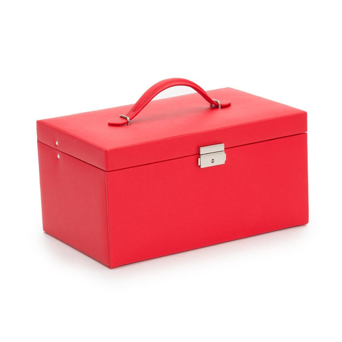 Red large jewelry box with hinged lid, top handle, and front clasp