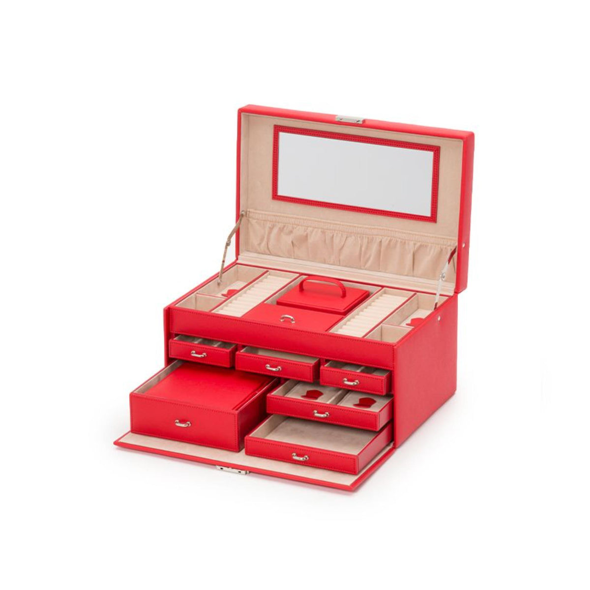 Open red jewelry box with tiered compartments and fabric-lined sections