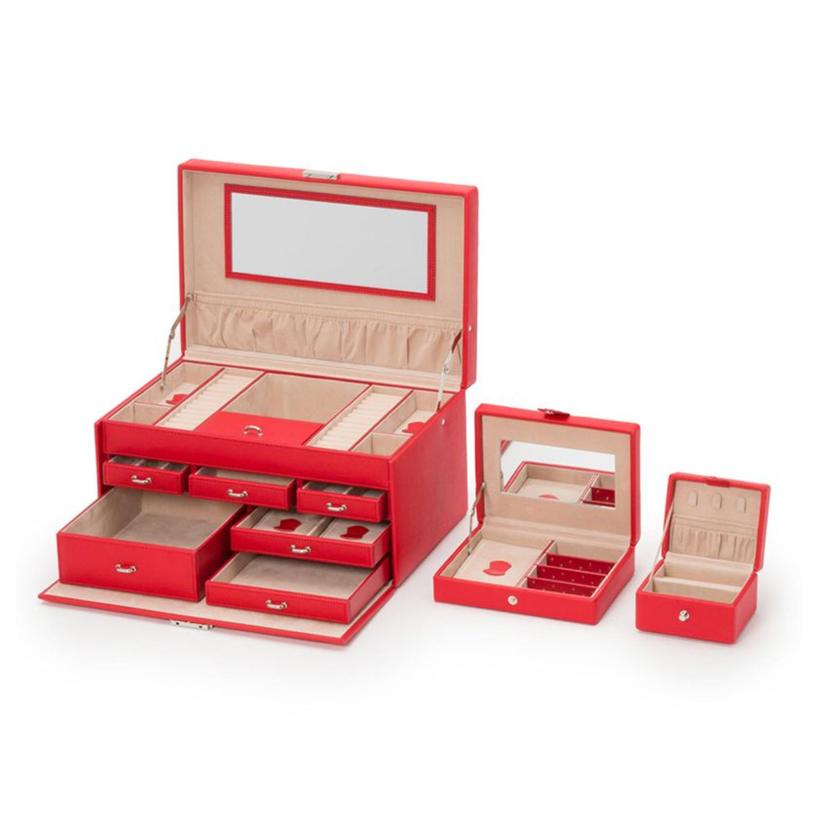 Open red jewelry box with multiple drawers and smaller matching storage boxes