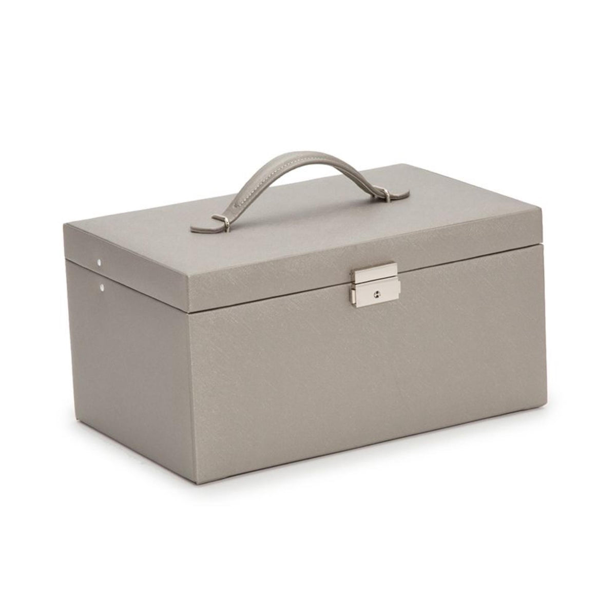 Large jewelry box with tan leather exterior, carry handle, and front latch detail