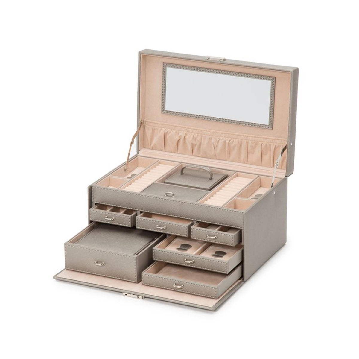 Large jewelry box open with mirror lid and tan compartments, drawers, and dividers
