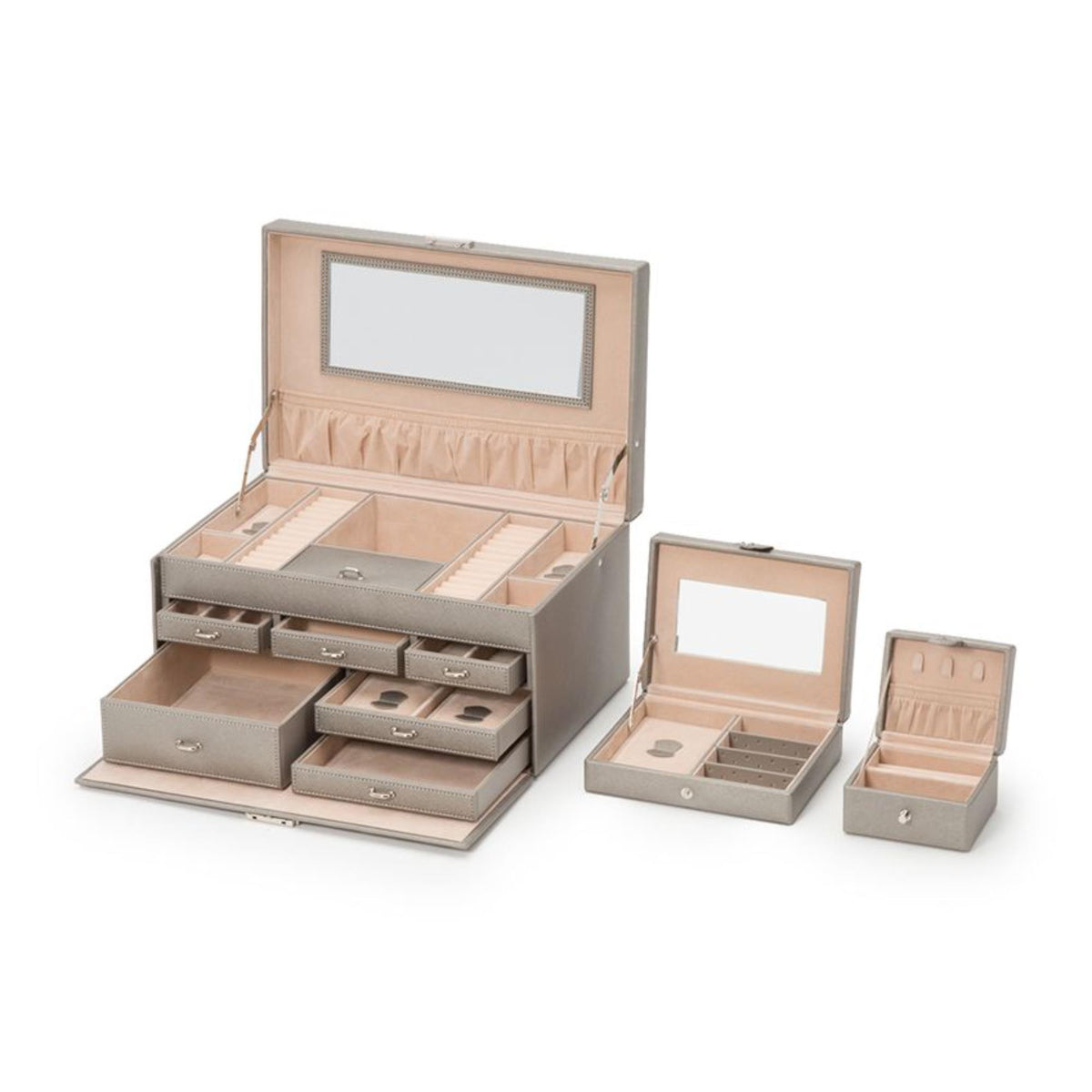 Large jewelry box open with multiple tan storage trays, drawers, and mirror panel