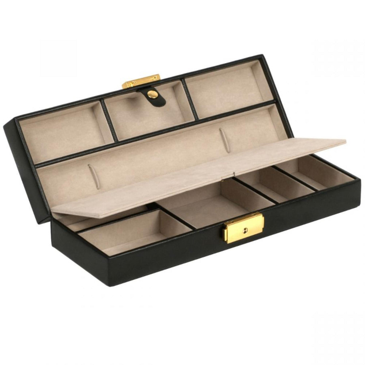Black leather safe deposit box open, beige compartments and gold-tone latch