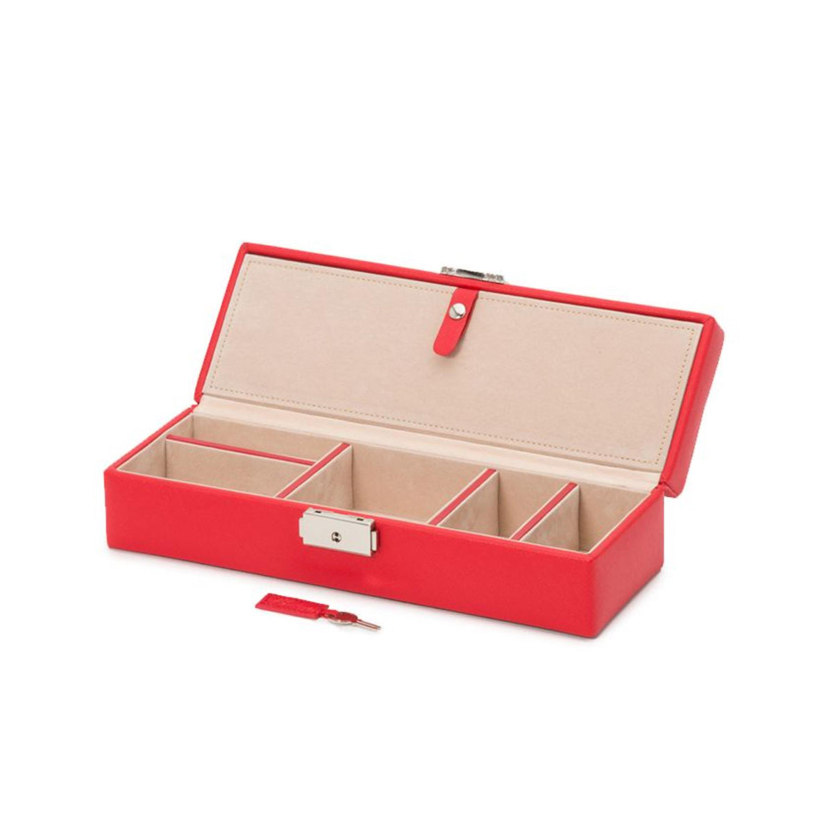 Red leather safe deposit box open with beige organizer compartments and metal latch