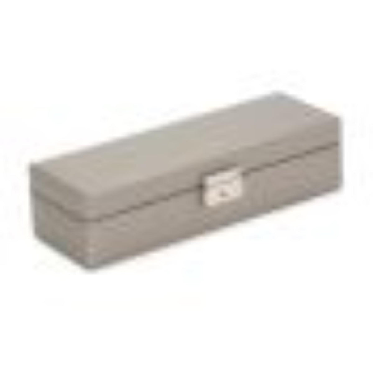 Gray leather safe deposit box angled view with front lock and latch