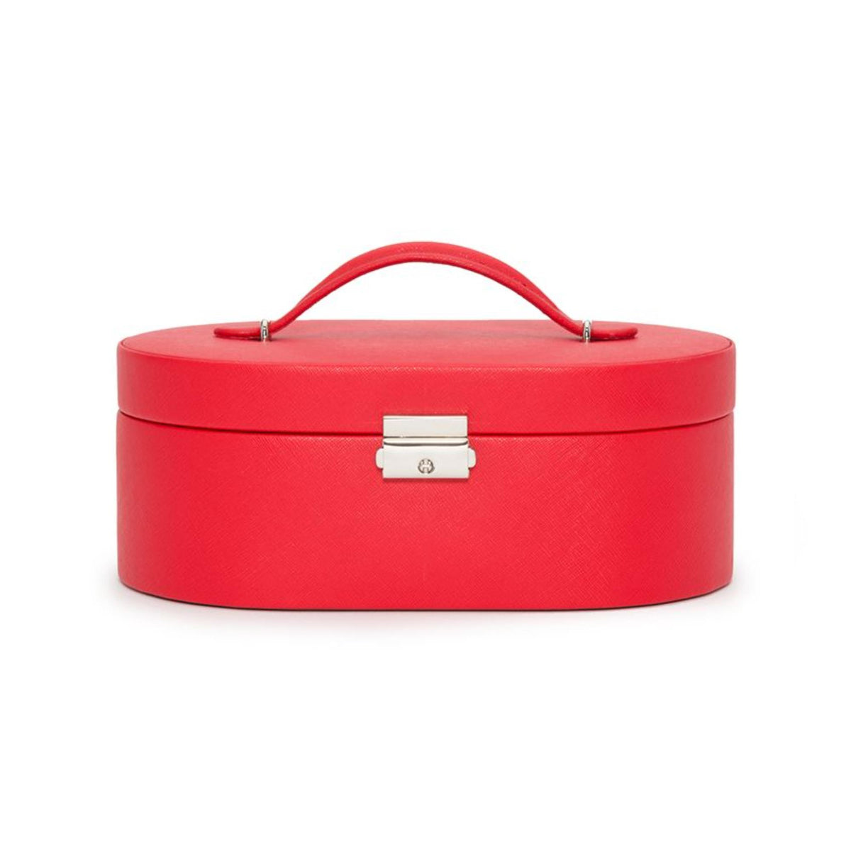 Red oval jewelry box with hinged lid, top handle, and metal clasp