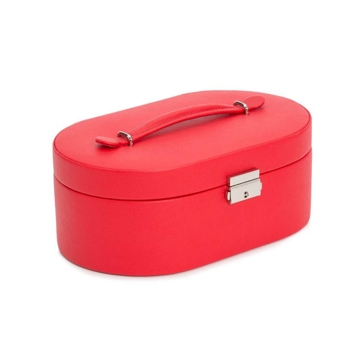 Red oval jewelry box with handle loop on top and side metal latch