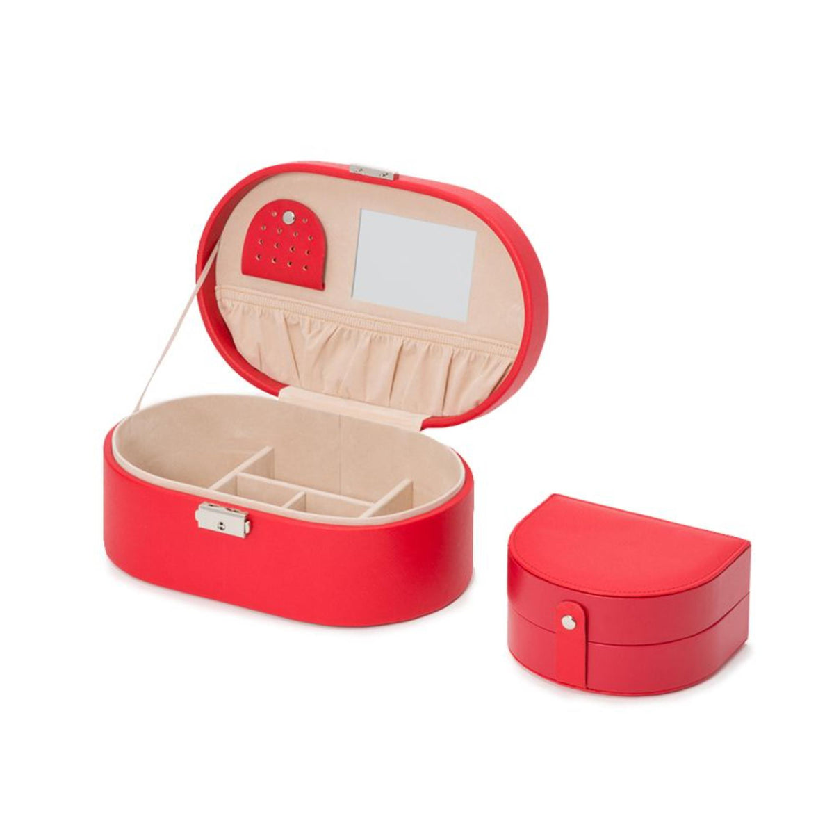Red jewelry box open with organizer tray; shown with matching small box nearby