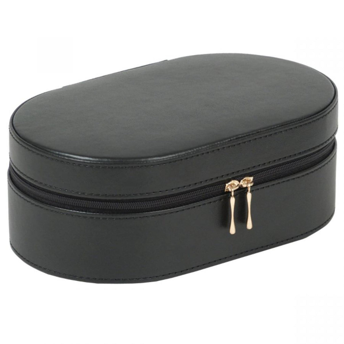 Black oval leather zip case with gold-tone zipper pulls, angled view