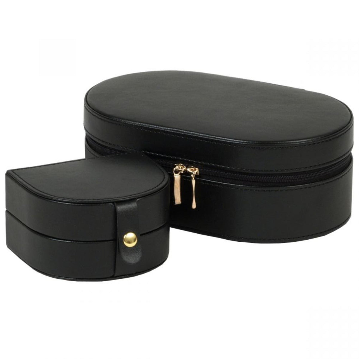 Black oval leather zip case with small snap pouch and gold-tone zipper pulls