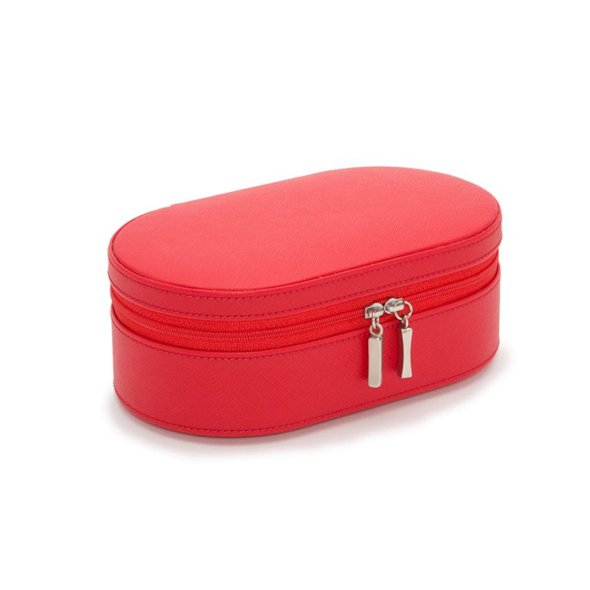 Red oval leather zip case with side profile and double zip pulls in silver hardware