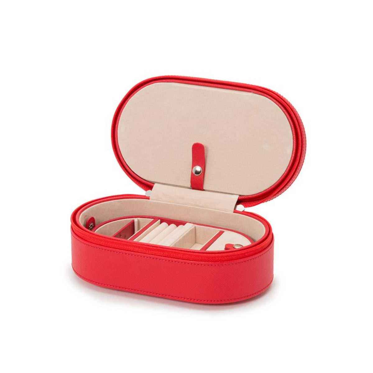 Red leather oval zip case open, showing beige lining and organizer compartments