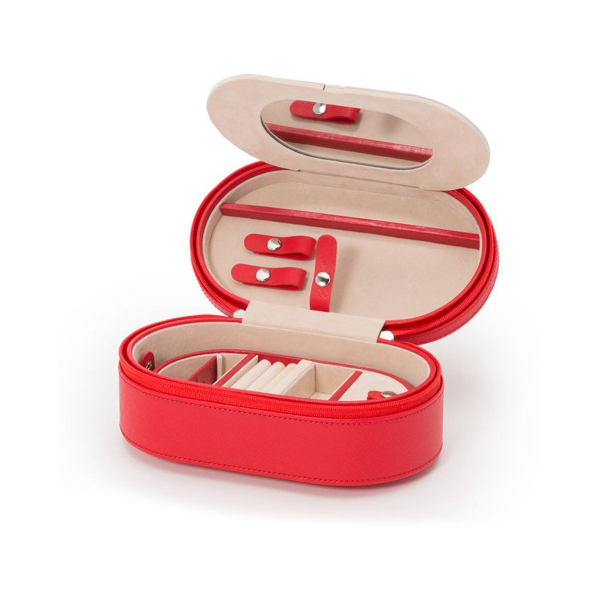 Red oval zip case open with beige interior organizer and two red elastic holders