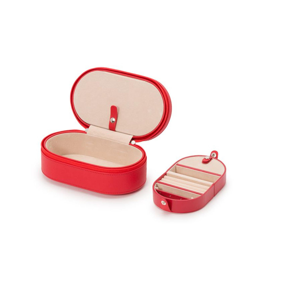 Red leather zip case open and a small red accessory box with metal rivets