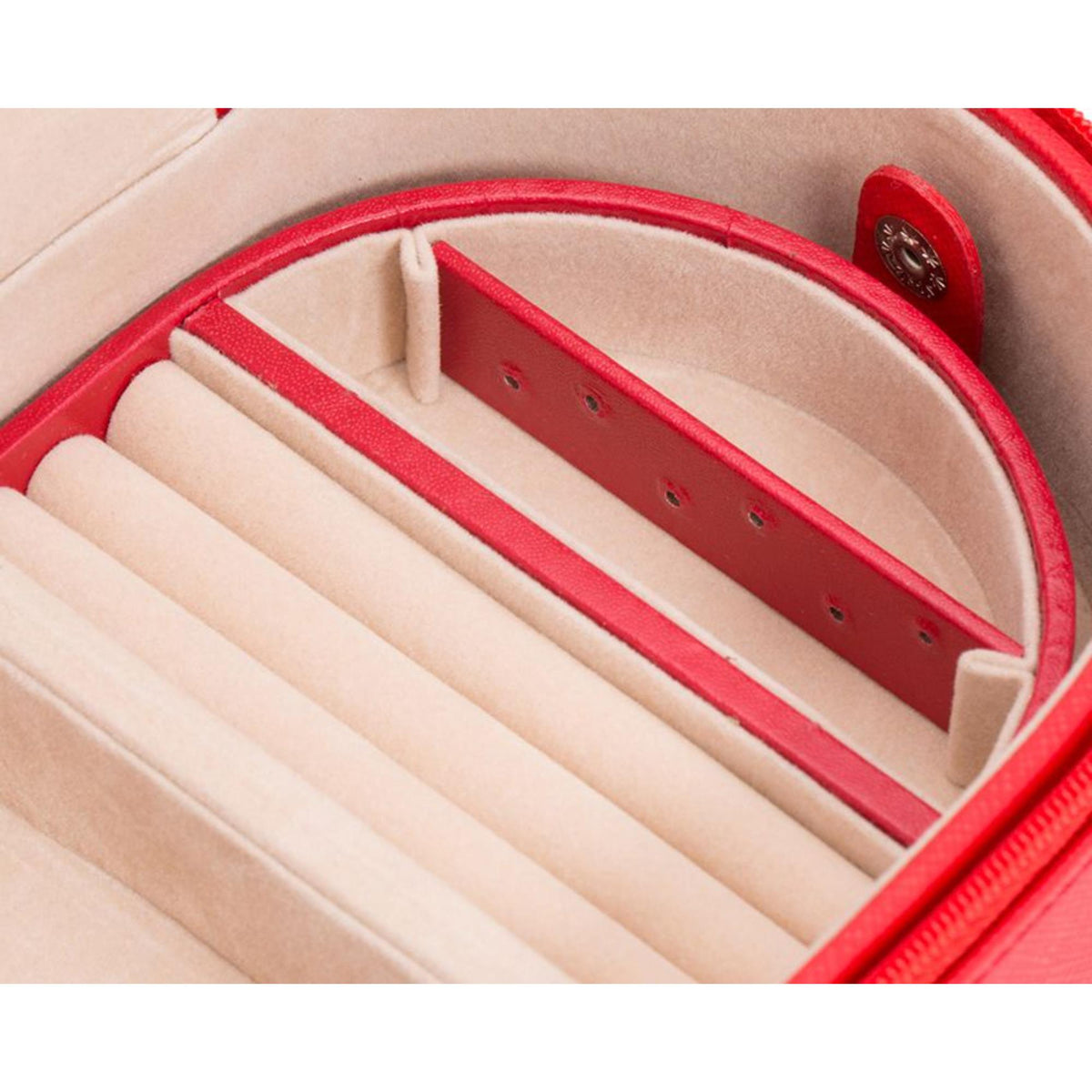 Beige interior organizer with slots inside a red leather oval zip case