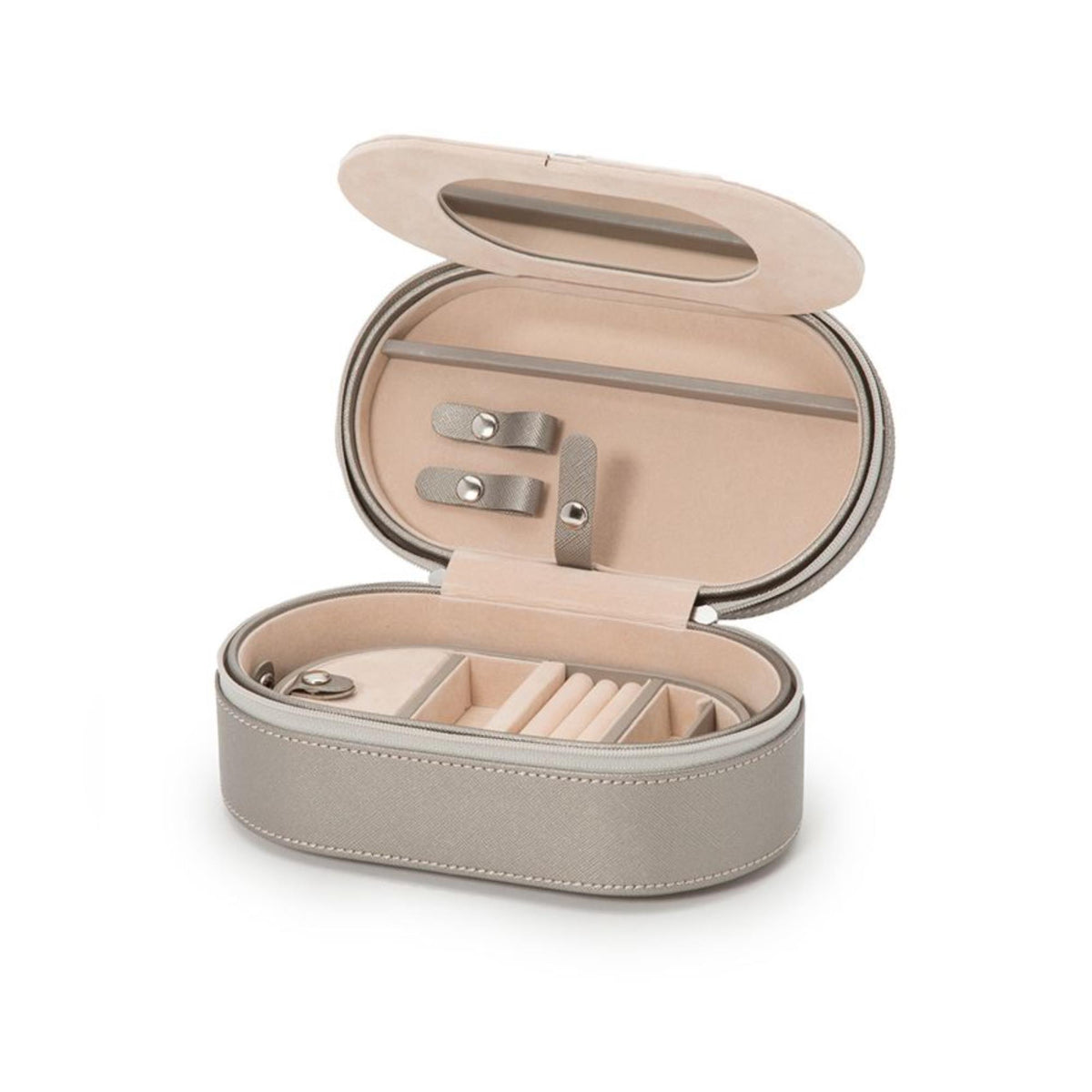 Tan oval leather zip case open with top panel lifted and interior organizer sections.