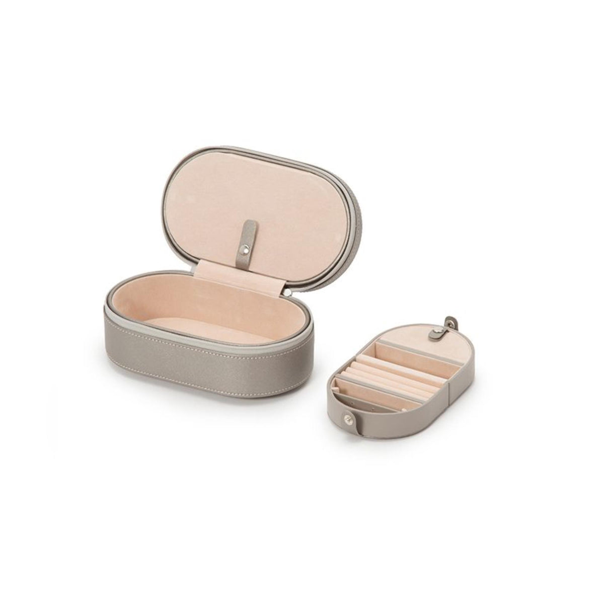 Tan oval leather zip case set, open compartments with small divider and top closure.