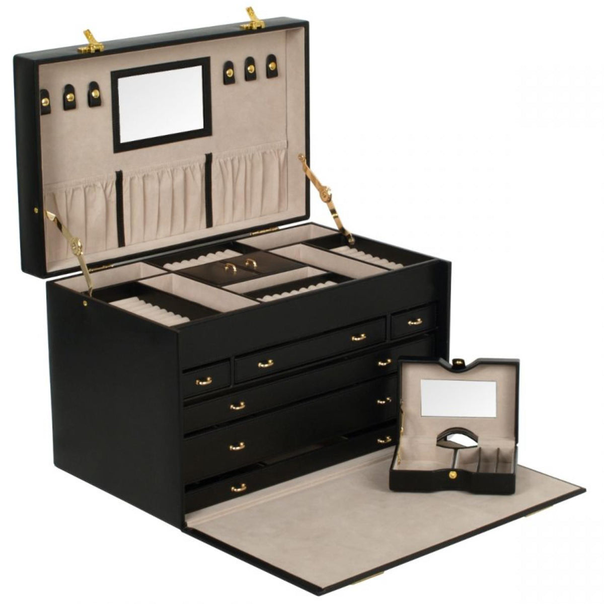 Open black leather jewelry armoire with ring compartments, stacked drawers, and divider panels