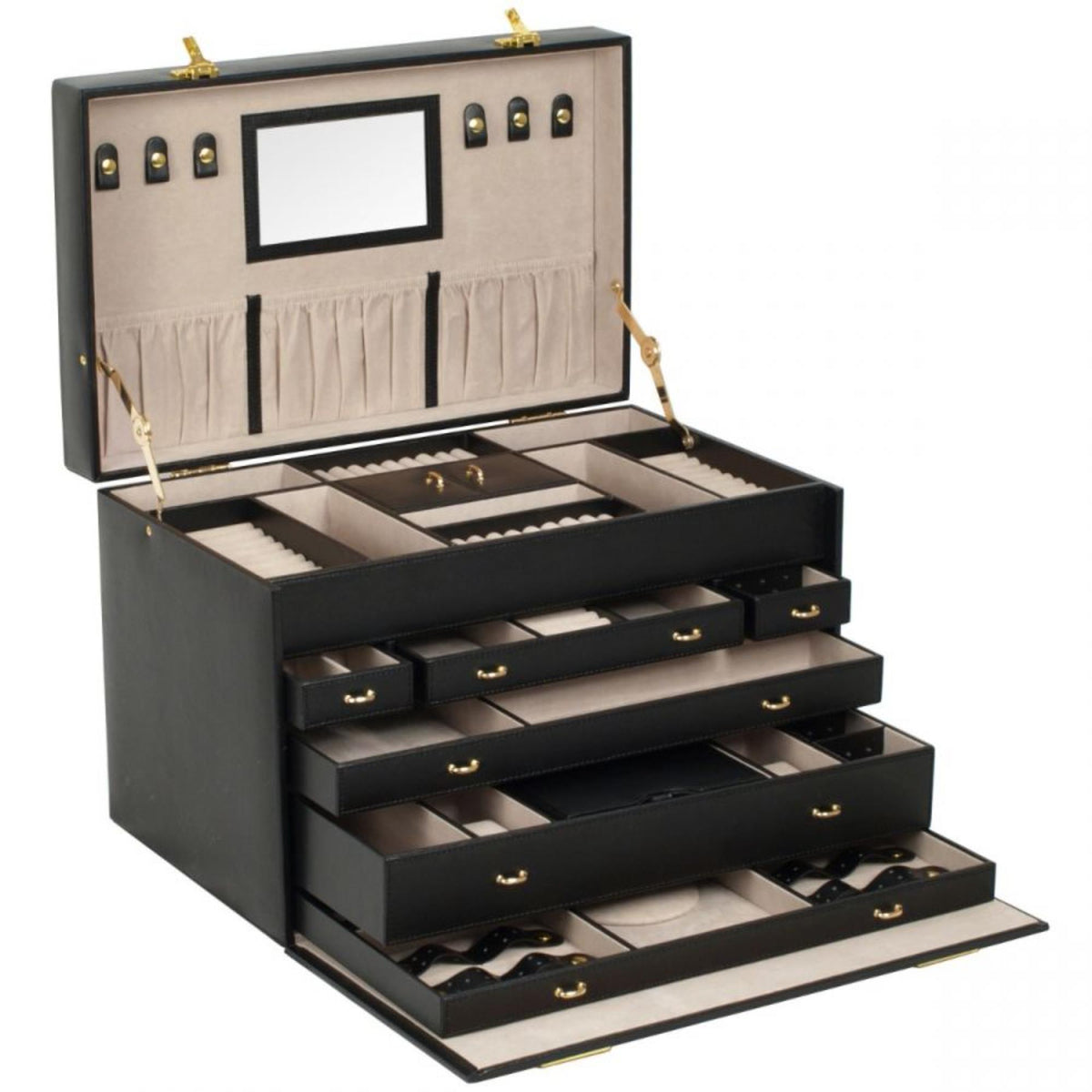 Open black leather jewelry armoire showing multi-level drawers and ring tray compartments