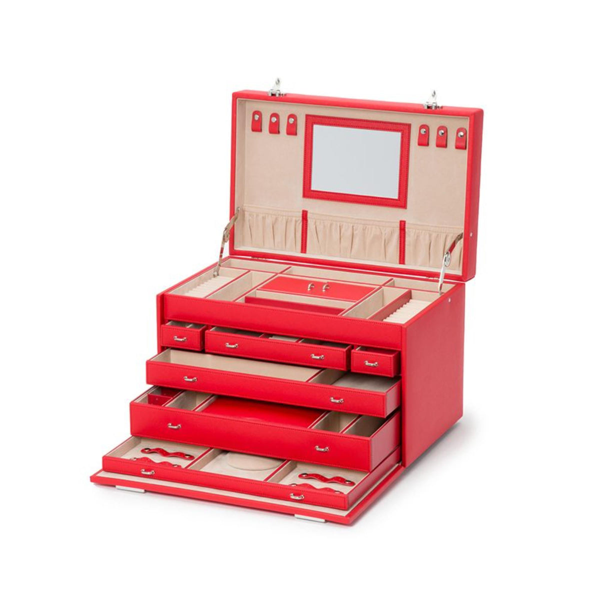 Open red jewelry armoire with organizer drawers and compartments under clear panel