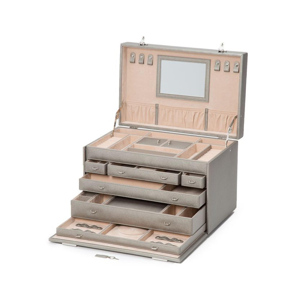 Tan leather jewelry armoire open with mirrored lid, drawers, and ring compartments