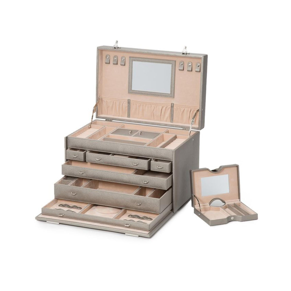 Tan leather jewelry armoire open with mirrored lid, tiered drawers, and included tray