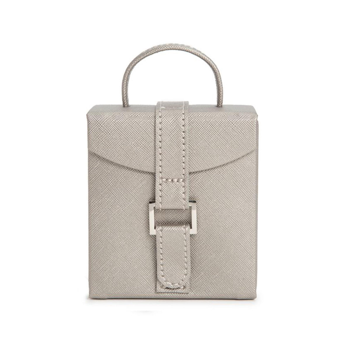Fold-out jewelry box with top handle and front buckle clasp, tan leather-look finish