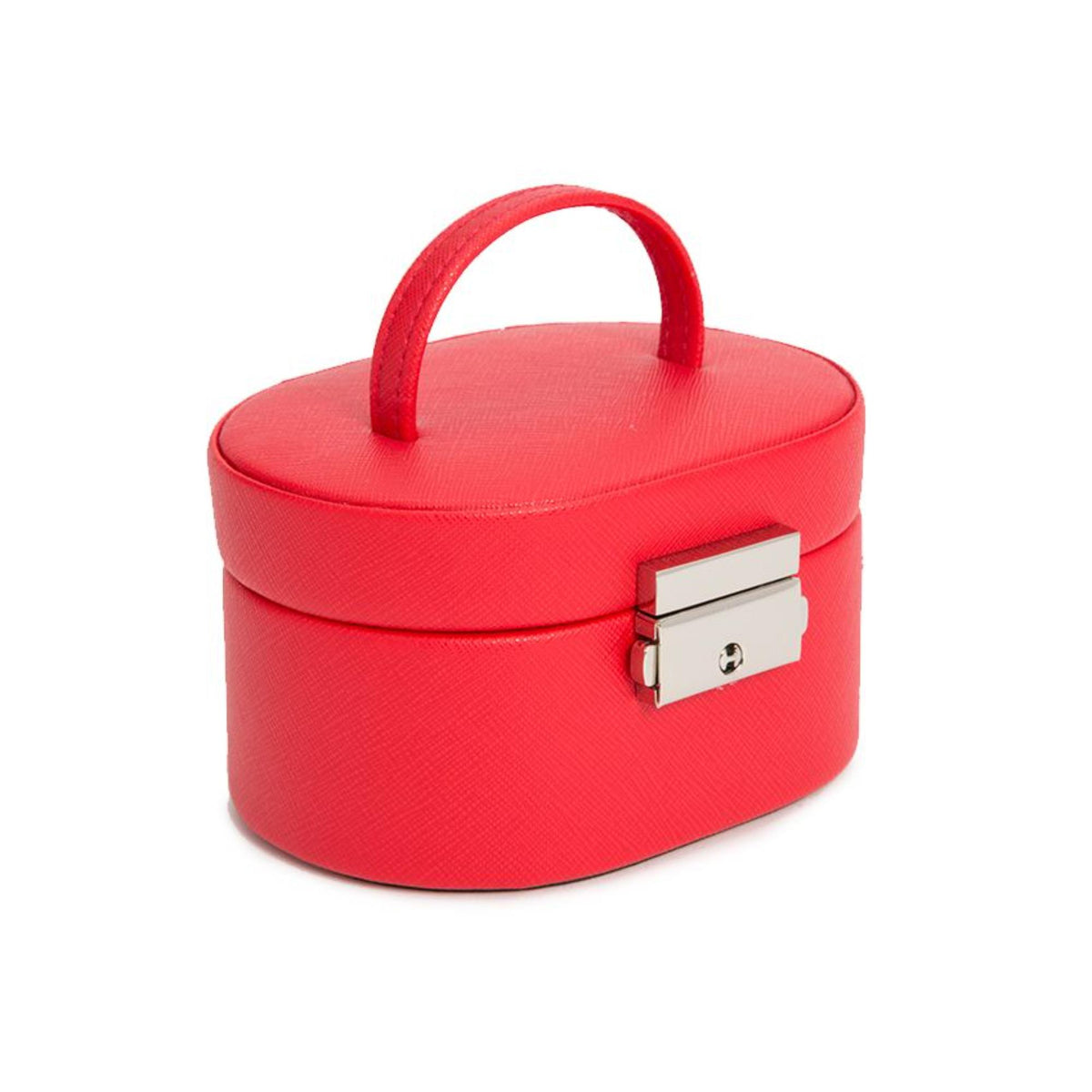 Red mini oval leather jewelry box with silver lock clasp on the side and handle.