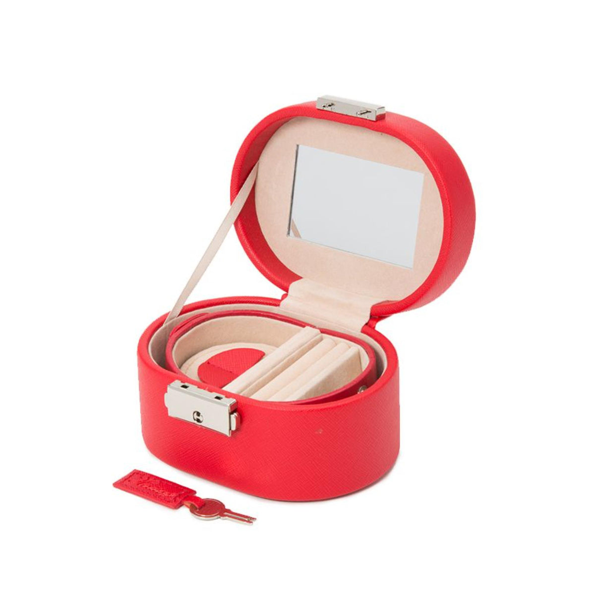 Red mini oval leather jewelry box open, showing light interior and compartment slots.