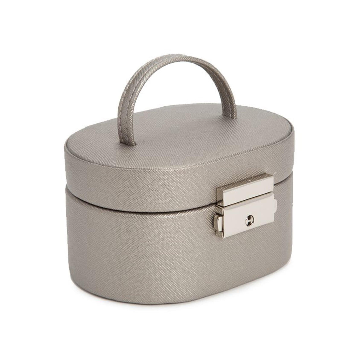 WOLF mini oval tan leather jewelry box with handle and front lock clasp, side view