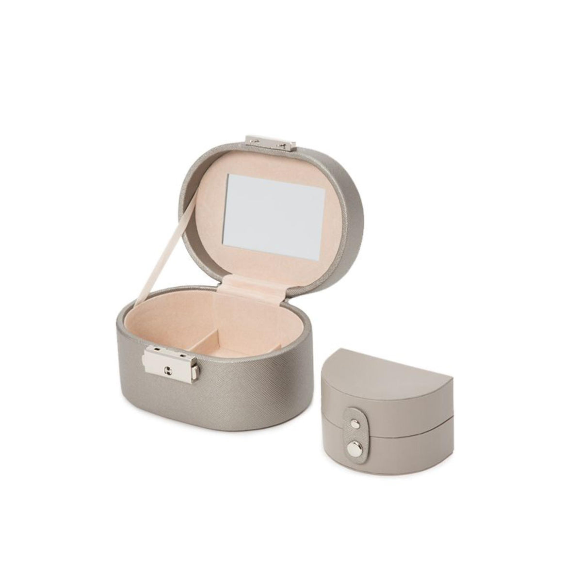 WOLF oval jewelry box opened with tan compartments; small matching accessory box shown