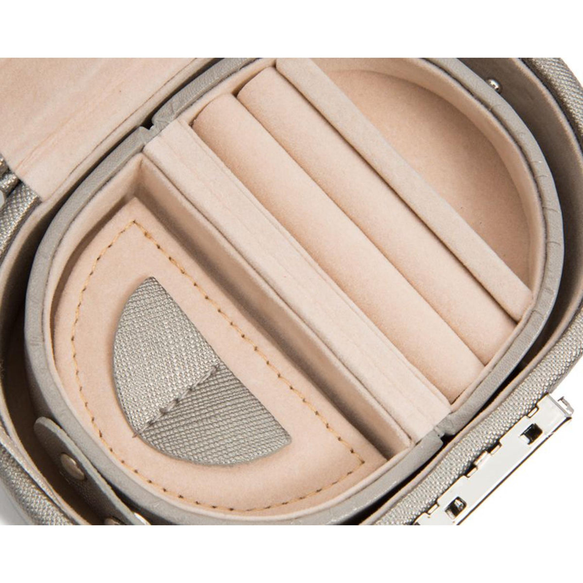 Interior of WOLF tan leather jewelry box with stitched tray compartments