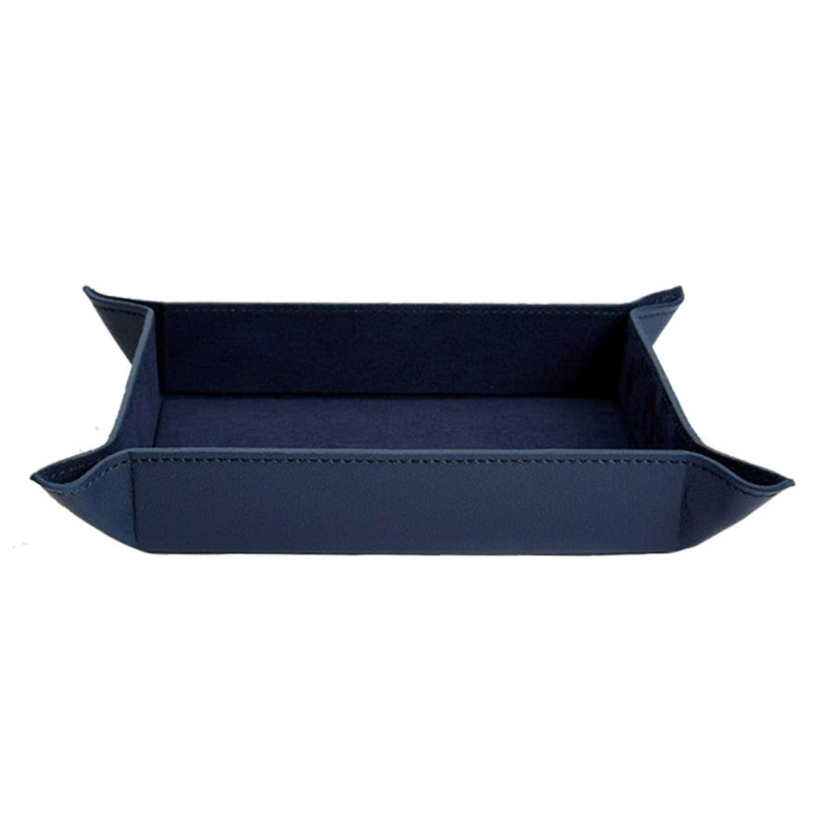 Navy leather coin tray with raised edges and open interior