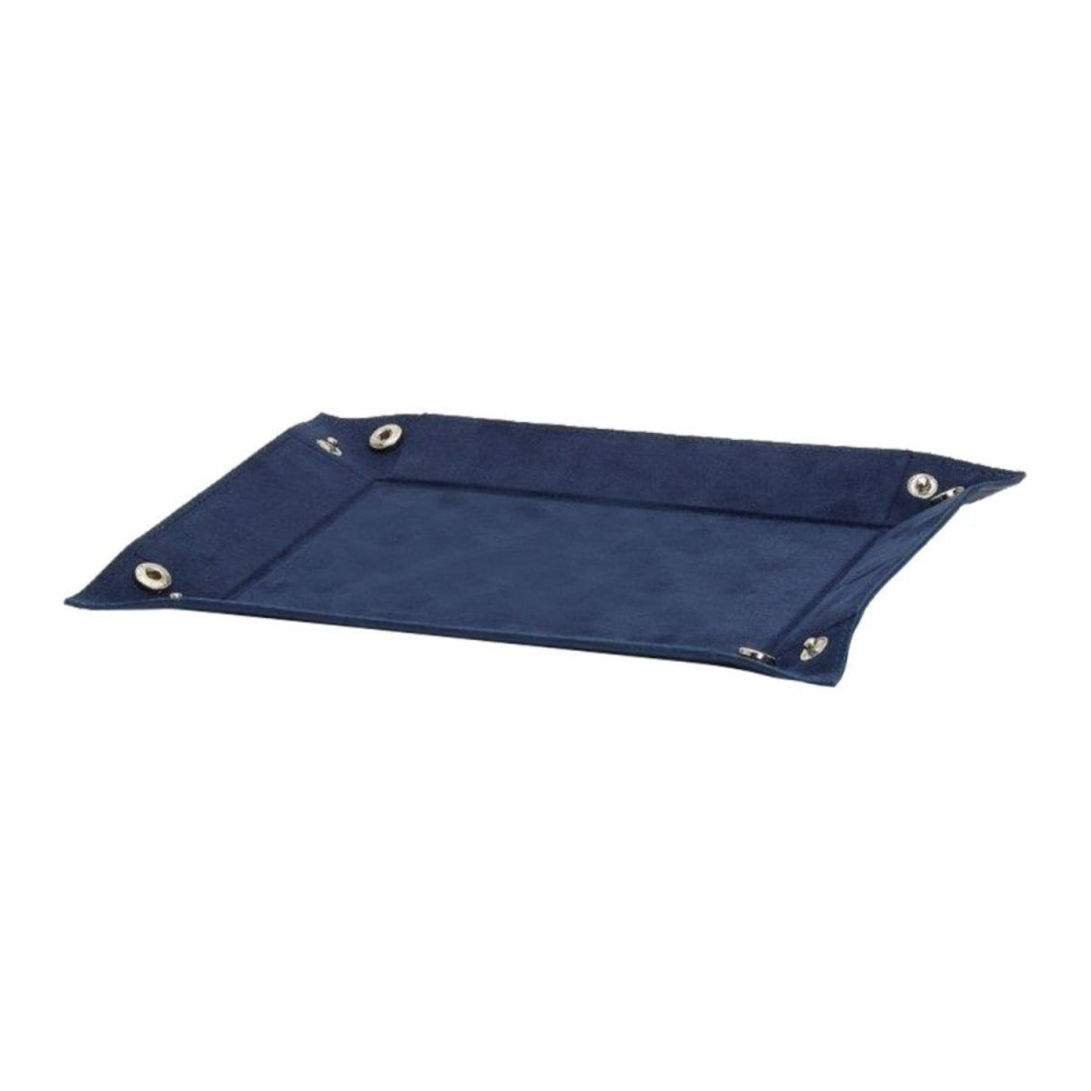 Navy leather coin tray with metal snap buttons on corners