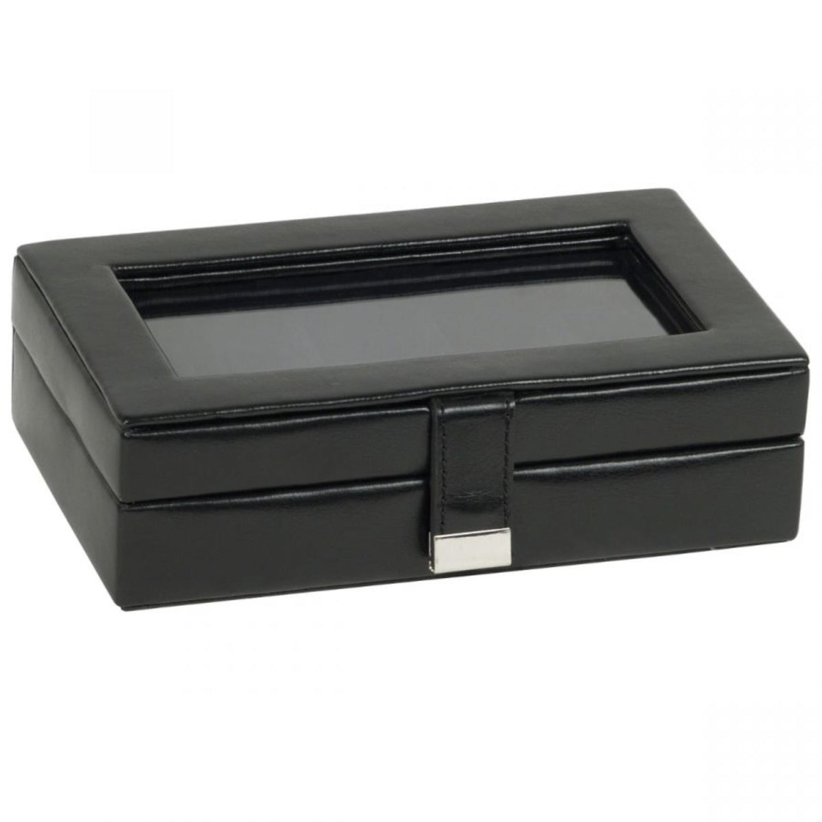 Black leather cufflink box open, showing a compartment tray and central clasp